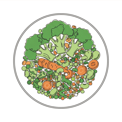 Illustrazione di alimenti vegetali e vegani che rappresentano alimentazione vegetariana e vegana bilanciata